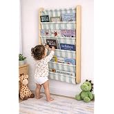 Furpinea Montessori 5 Tier Canvas Pocket Wall Bookshelf, Re-Washable Soft Fabric Kids Book Rack, Space Saving Behind Door Shelf (Mint Green)