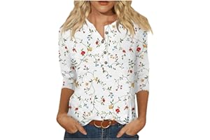 ChicCrate Womens Fashion 2024 Button Down V Neck Shirts 3/4 Length Sleeve Top Loose Fit Flowy Floral Printed Blouses
