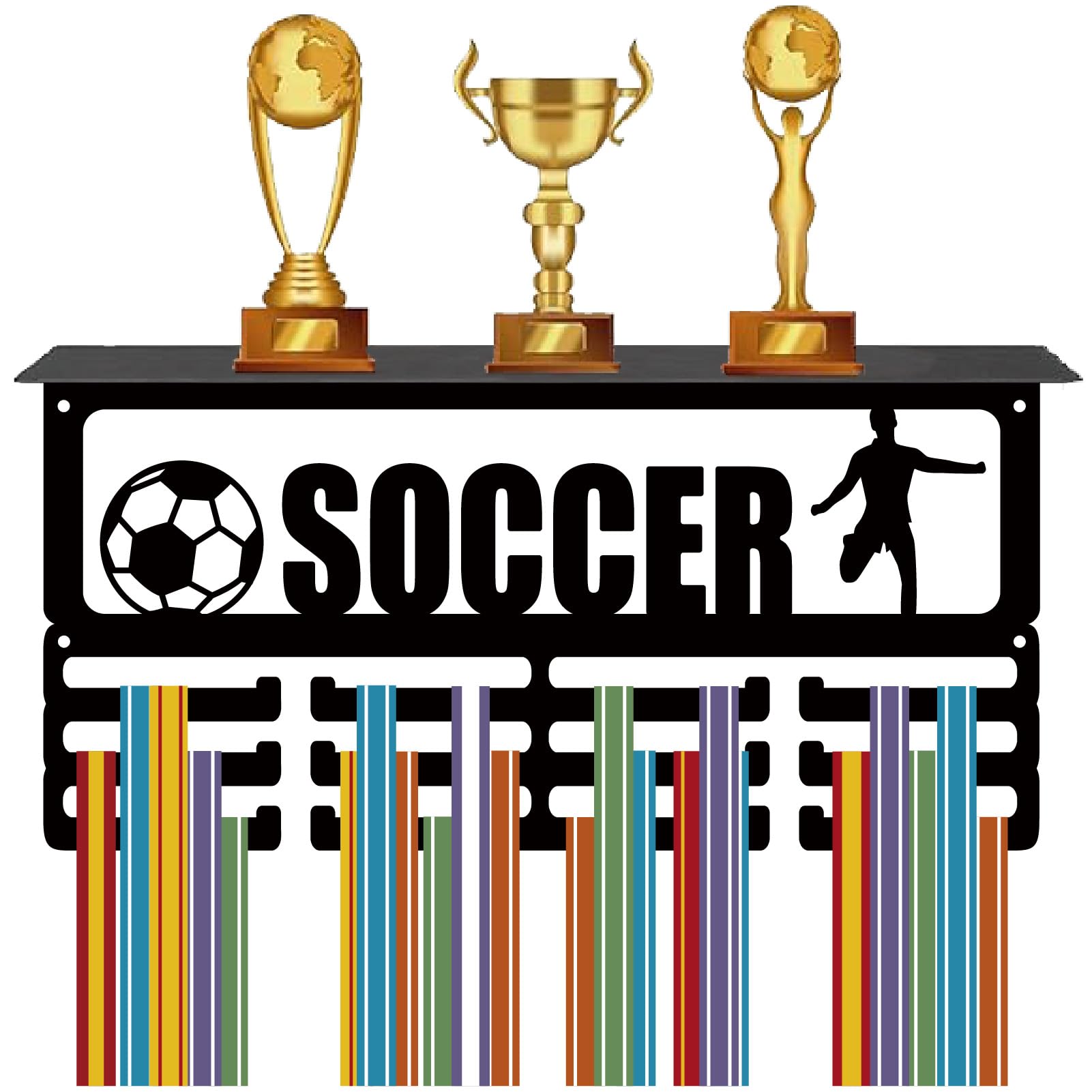 CREATCABIN Football Sports Metal Medal Wall Rack Soccer Trophy Display Shelf 3 Lines Medal Hanger Hooks Wall Mount Ribbon Badge Exhibition Holders for Athletes Competition Medalist 7.9x15.7in