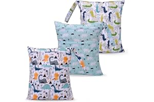 eaxin 3pcs Cloth Diaper Wet Dry Bags Waterproof Reusable with Two Zippered Pockets Travel Beach Pool Daycare Soiled Baby Items Yoga Gym Bag for Swimsuits or Wet Clothes (Dinosaur,Polar bear)