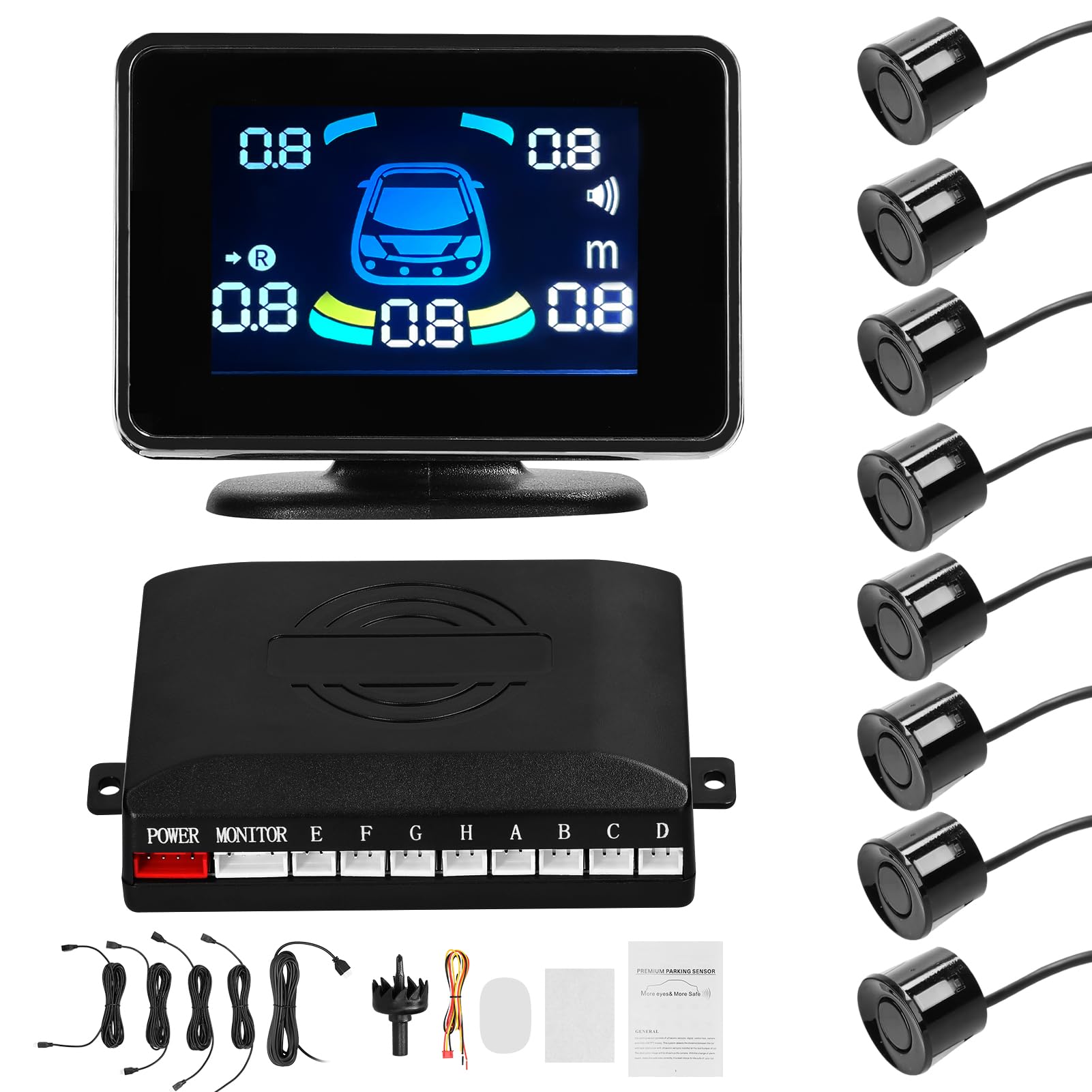 Shkalacar Car Parking Sensors Front & Rear Reversing Sensors Support Sound Warning/Buzzer/Mute with 8 Parking Sensors Distance Detection LCD Distance Display