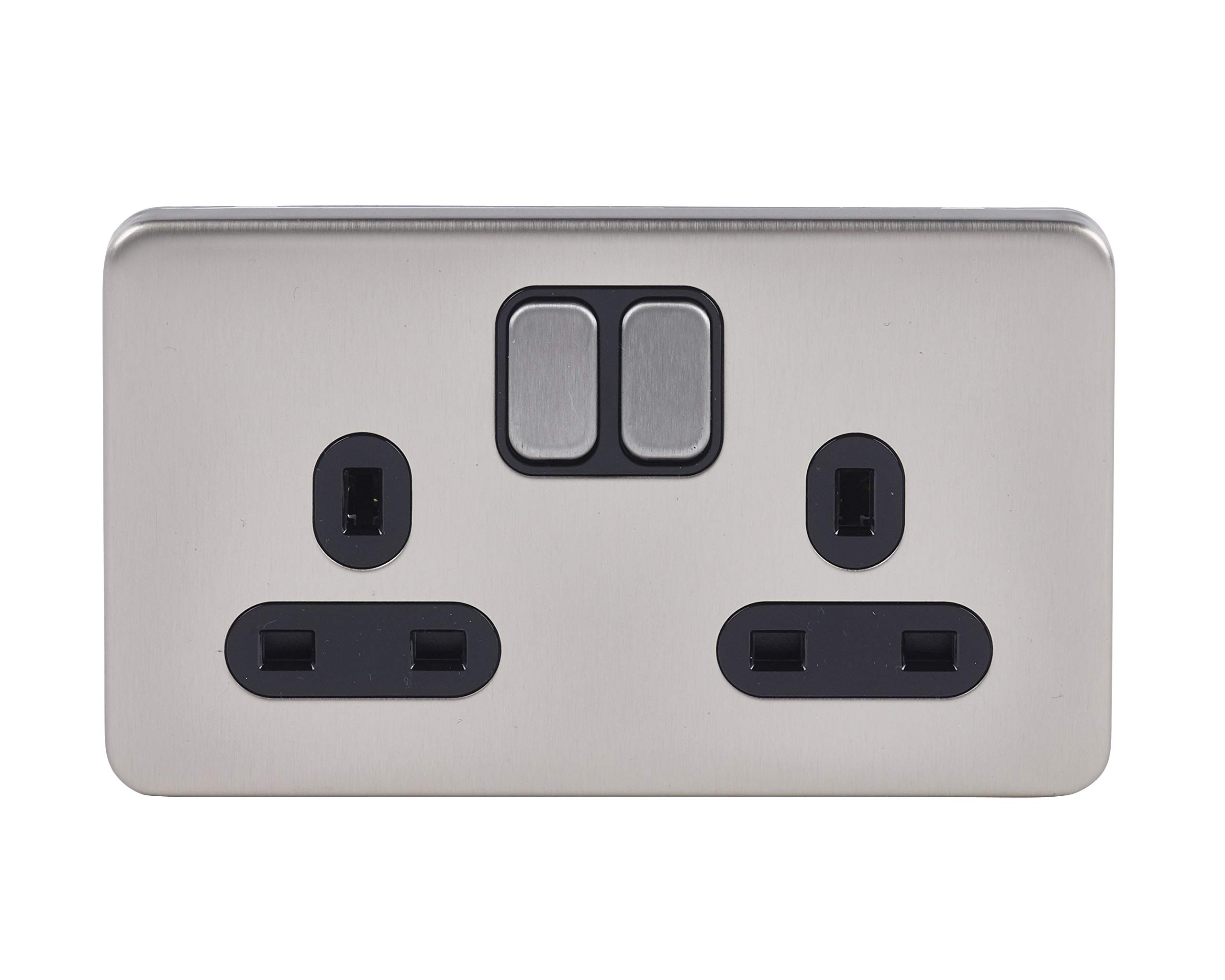 Schneider Electric - Lisse Screwless Deco, Switched Double Power Socket, 13A, Stainless Steel with Black Insert, GGBL3020BSSS