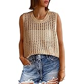 Fisoew Womens Summer Crochet Tank Tops Sleeveless Scoop Neck Loose Knit Sweater Vest Boho Hollow Out Beach Cover Ups