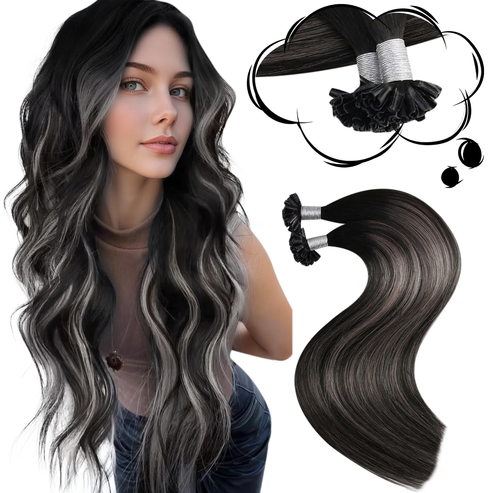 Moresoo U Tip Human Hair Extensions 16 Inch Natural Black Root Balayage Silver with Natural Black Pre Bonded Hair Extensions Invisible 1g/strand 50g/Pack #1B/Silver/1B — image 1