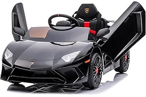 Kidzone Kids Electric Ride On 12V Lead_ Acid Licensed Lamborghini Aventador Battery Powered Sports Car Toy with 2 Speeds, Parent Control, Sound System, LED Headlights & Hydraulic Doors - Black