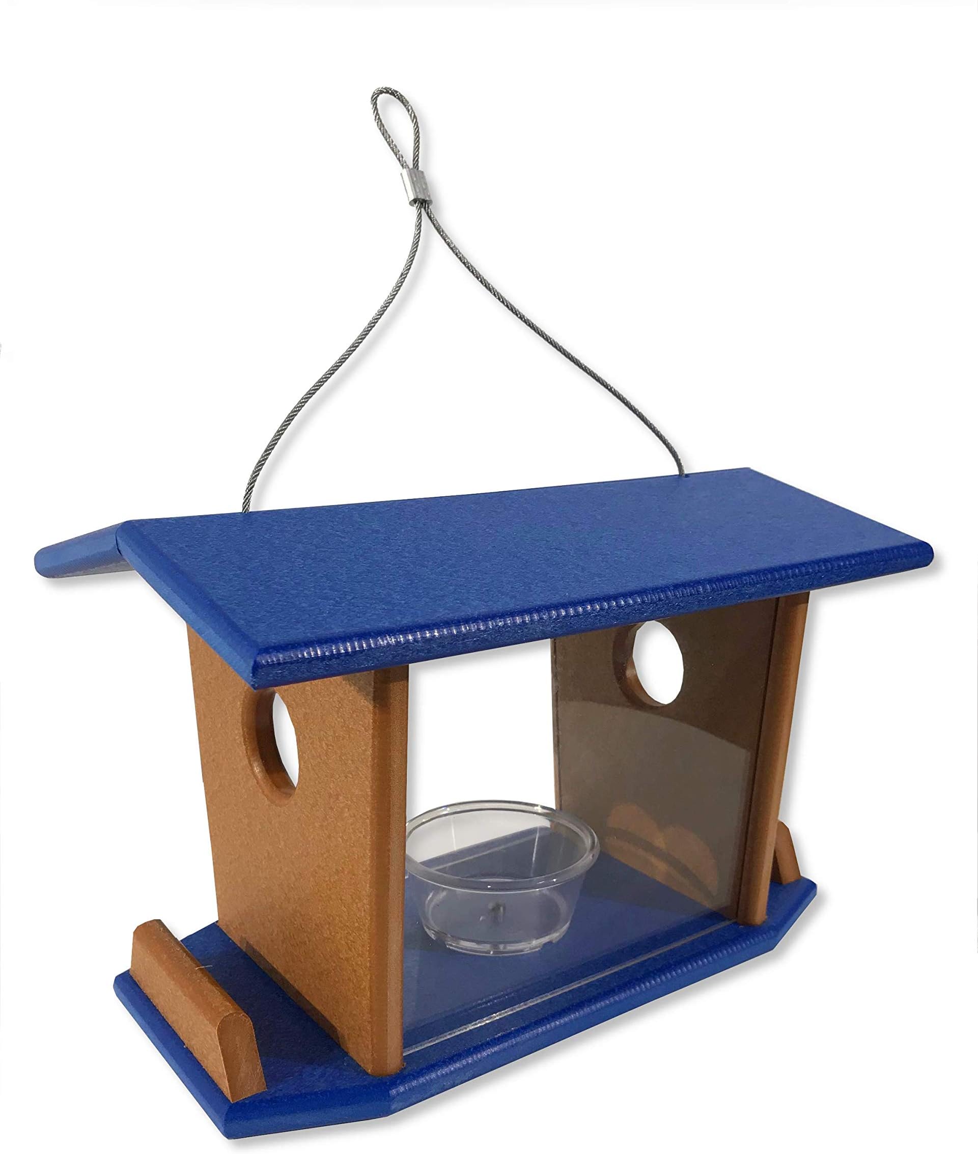 DutchCrafters Poly Hanging Bluebird Mealworm Bird Feeder with Removable Sides - Amish Made in USA (Fixed Cup, Blue & Bright Cedar)