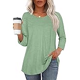 rosemia 3/4 Length Sleeve Womens Tops Crewneck Casual Tunic Dressy Pleated Front Loose Fit T Shirts