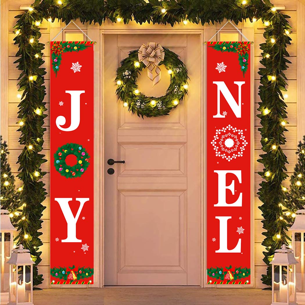 QIAMNI Merry Christmas Decorations Banner Outdoor - Joy Noel Porch Signs Banners - Red Large Xmas Navidad Holiday Decor for Windows Indoor Front Door Yard Wall Apartment Party