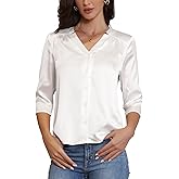 Allegra K Satin Blouse for Women's Split V Neck 3/4 Sleeve Button Down Shirt