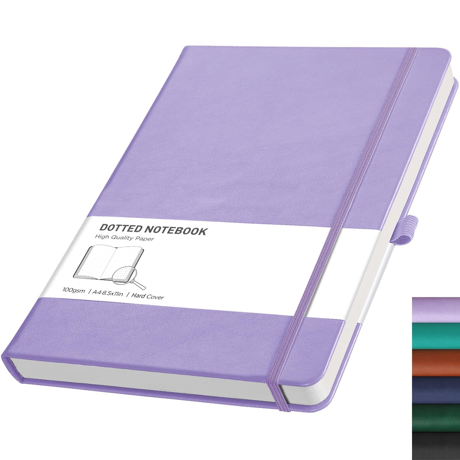 RETTACY Dotted A4 Notebook Journal -192 Pages Note Book for Bullet, Hardcover Leather Notepad with Pen Loop for Women Men Work Office School (21.5 x 27.9cm)-Light Purple