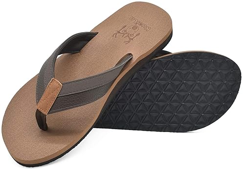 Shoes - KuaiLu Mens Leather Flip Flops Arch Support Summer Beach Pool Water Thong Sandals Waterproof Essentials Walking Shoes Slip on Orthotic Casual Sport Cushioned Wide Slides Shower Slippers Khaki Size 11