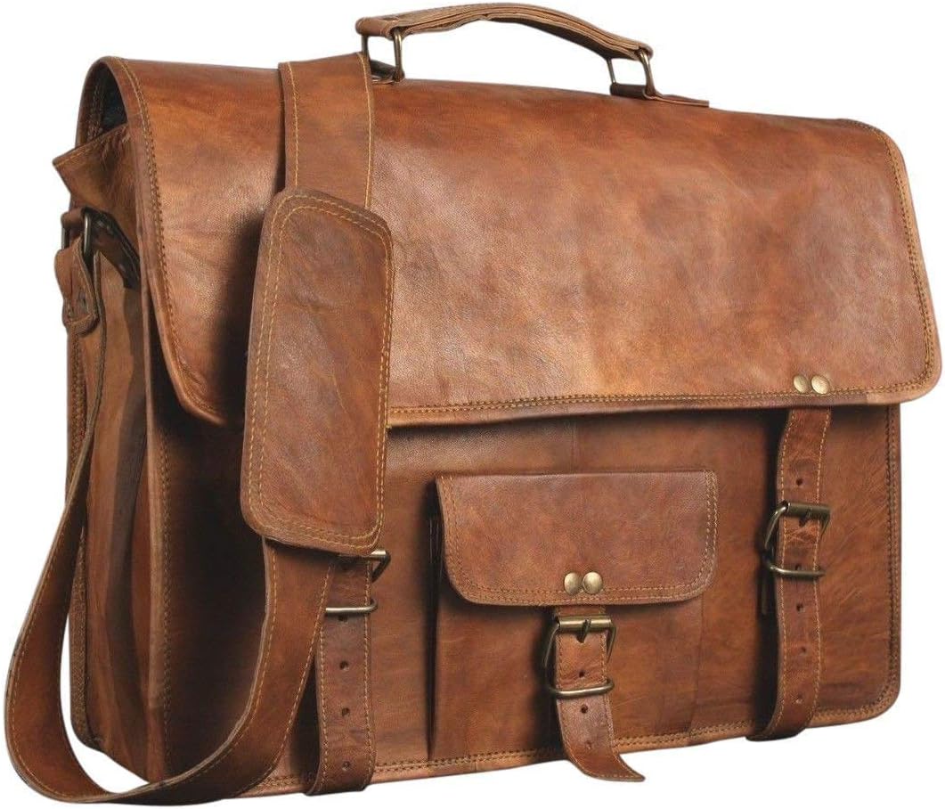Montexoo 15 Inch Handmade Vintage Leather Satchel Messenger Briefcase Shoulder Laptop Computer Bags for Men Women Brown