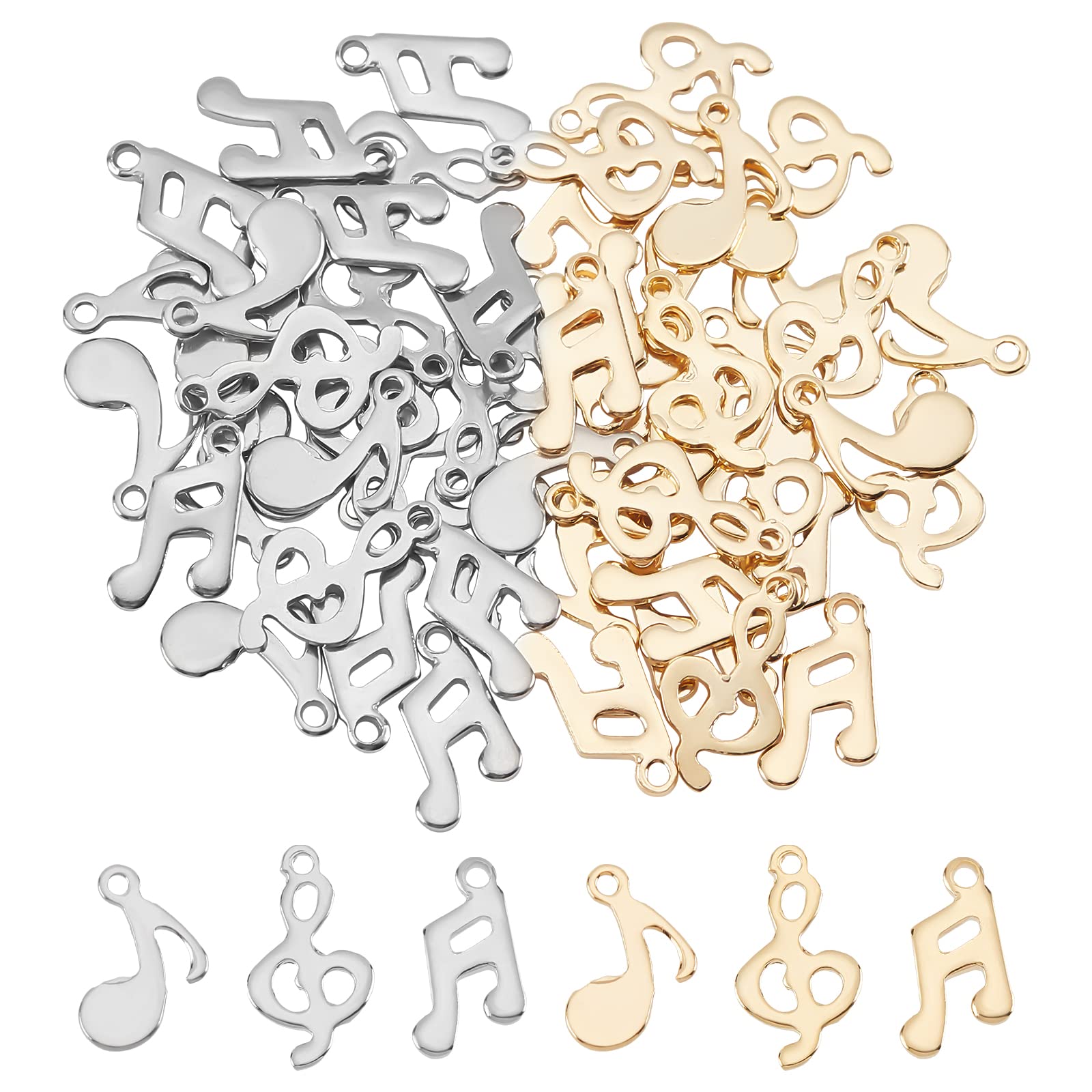 UNICRAFTALE 60Pcs 6 Style 2 Colors Musical Note Pendants 304 Stainless Steel Charms 1mm Hole Pendants Bracelet Charms for Music lovers DIY Jewelry Making