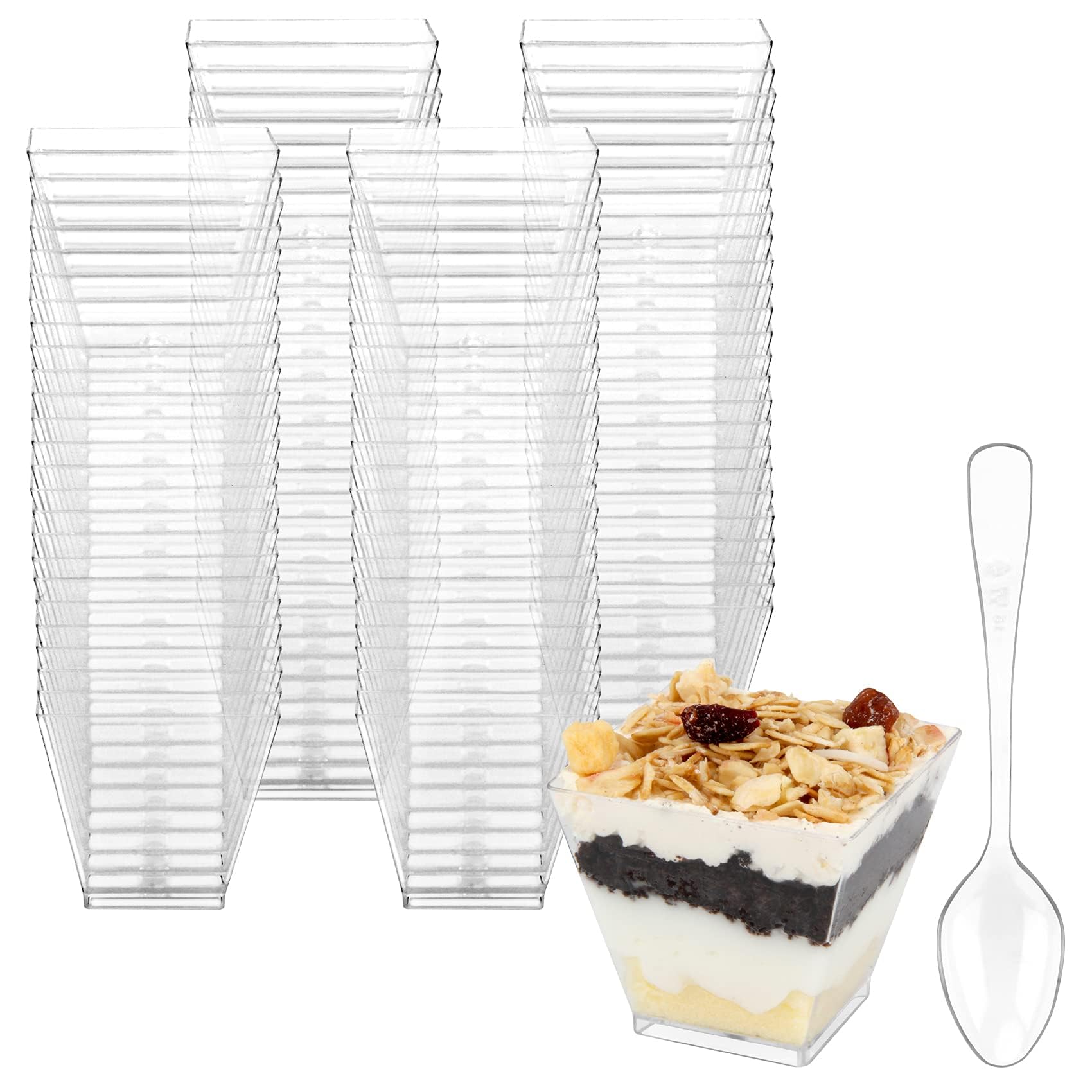 Photo 1 of Colovis Mini Dessert Cups, 100 CT 2oz Clear Plastic Parfait Appetizer Cups with Spoons Mini Square Dessert Bowls for Serving, Tasting (100)