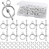 50 Sets Toggle Jewelry Clasp Sets Metal Toggle Clasps Connectors Bar and Round Ring Clasps with 100pcs Open Jump Rings and a Box for DIY Jewelry Making