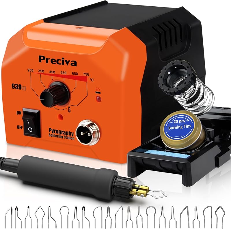 Preciva Wood Burning Pyrography Kit 40W 250-750°C 20 Tips Soldering Station