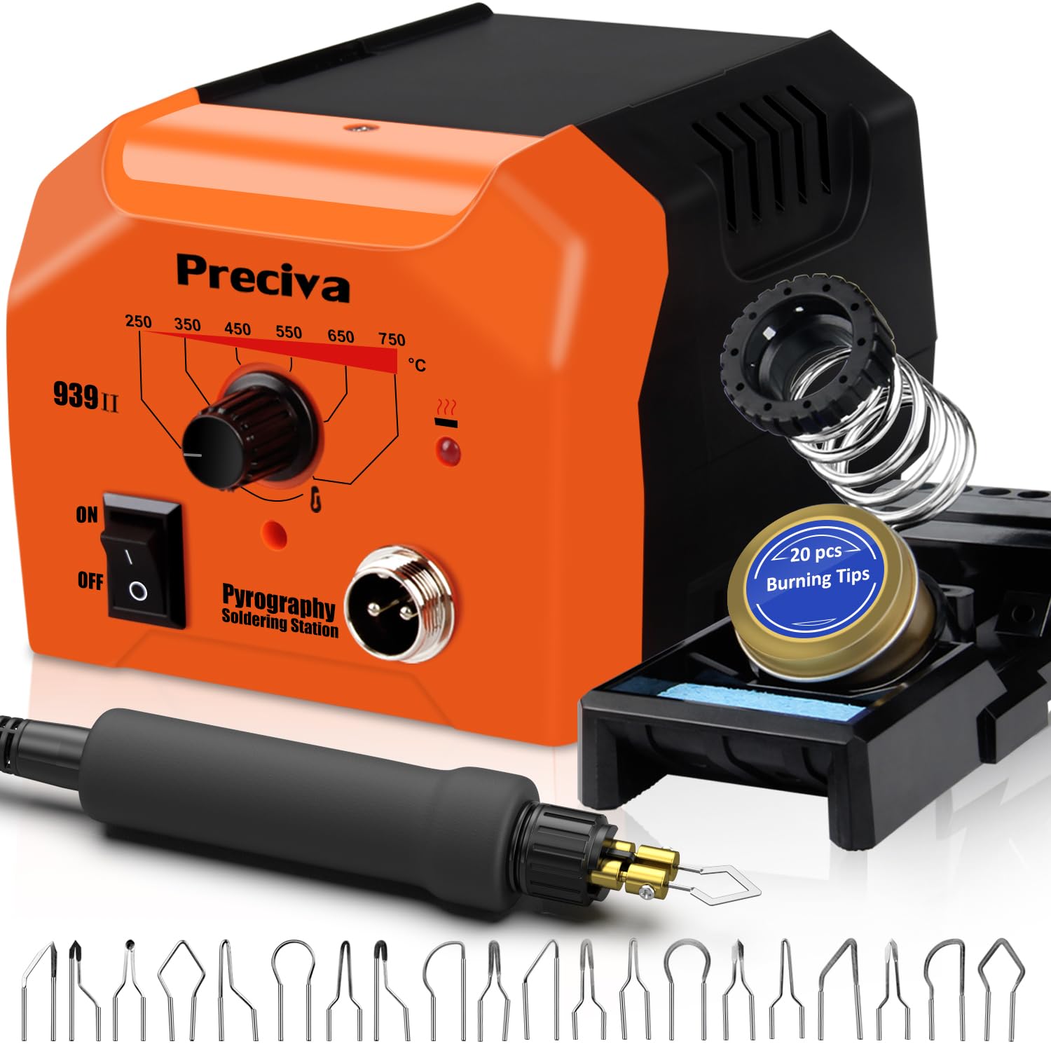 Wood Burning Pyrography Kit, Preciva Woodburner Pen Tool Set with Fast Heat Up Soldering Iron Station, 40W 250-750℃ Adjustable Temperature, 20 Tips and Stand for Engraving Craft