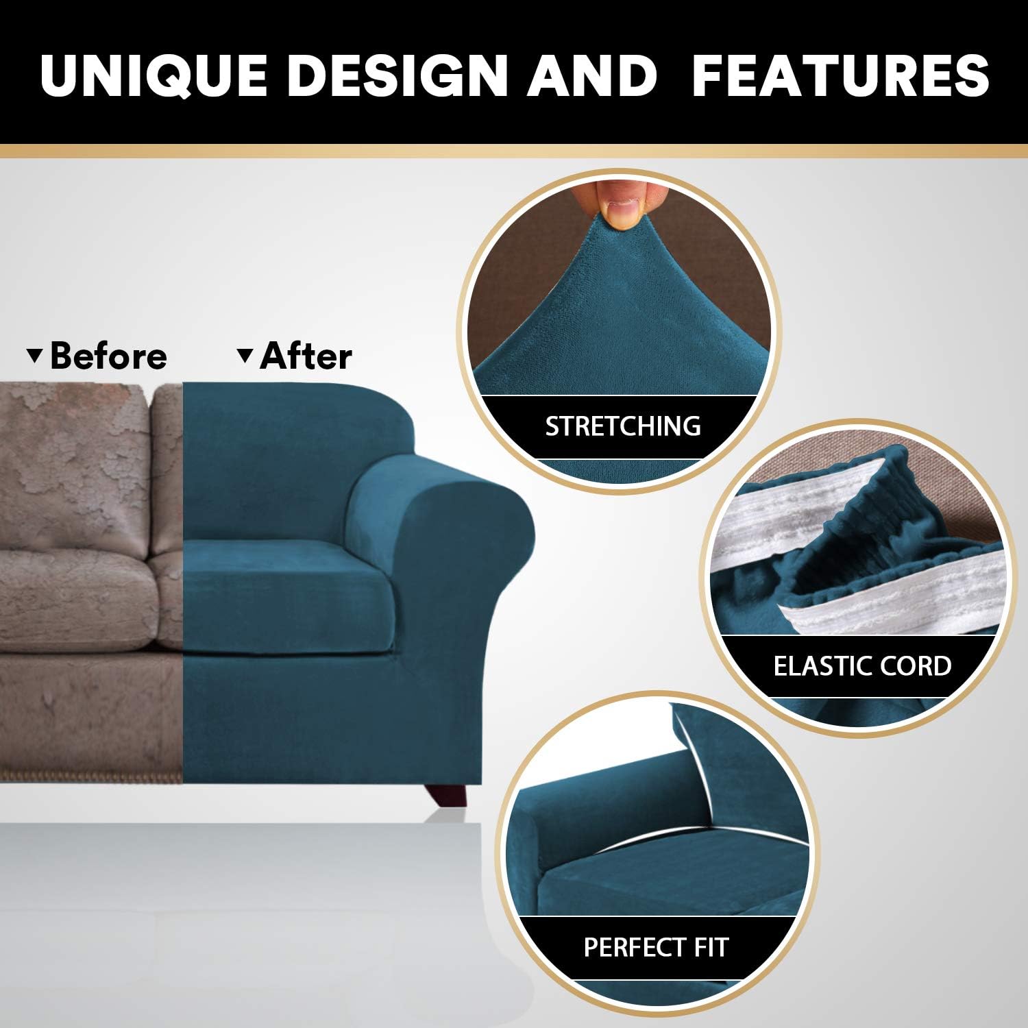 Real Velvet Stretch Chair Covers 2 Piece Armchair Cover Slipcovers - Include Base Cover and Cushion Cover - Sofa Covers Couch Covers 1 Seater Chair Slip Cover, Feature Thick Soft Velour, Deep Teal: Home & Kitchen
