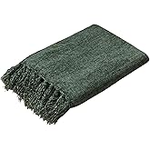 Yoenillo Olive Green Chenille Throw Blanket for Couch Bed，Soft Cozy Throw Blanket with Handmade Fringe, Decorative Blanket for Sofa Chair Living Room for Gift, (Olive Green)