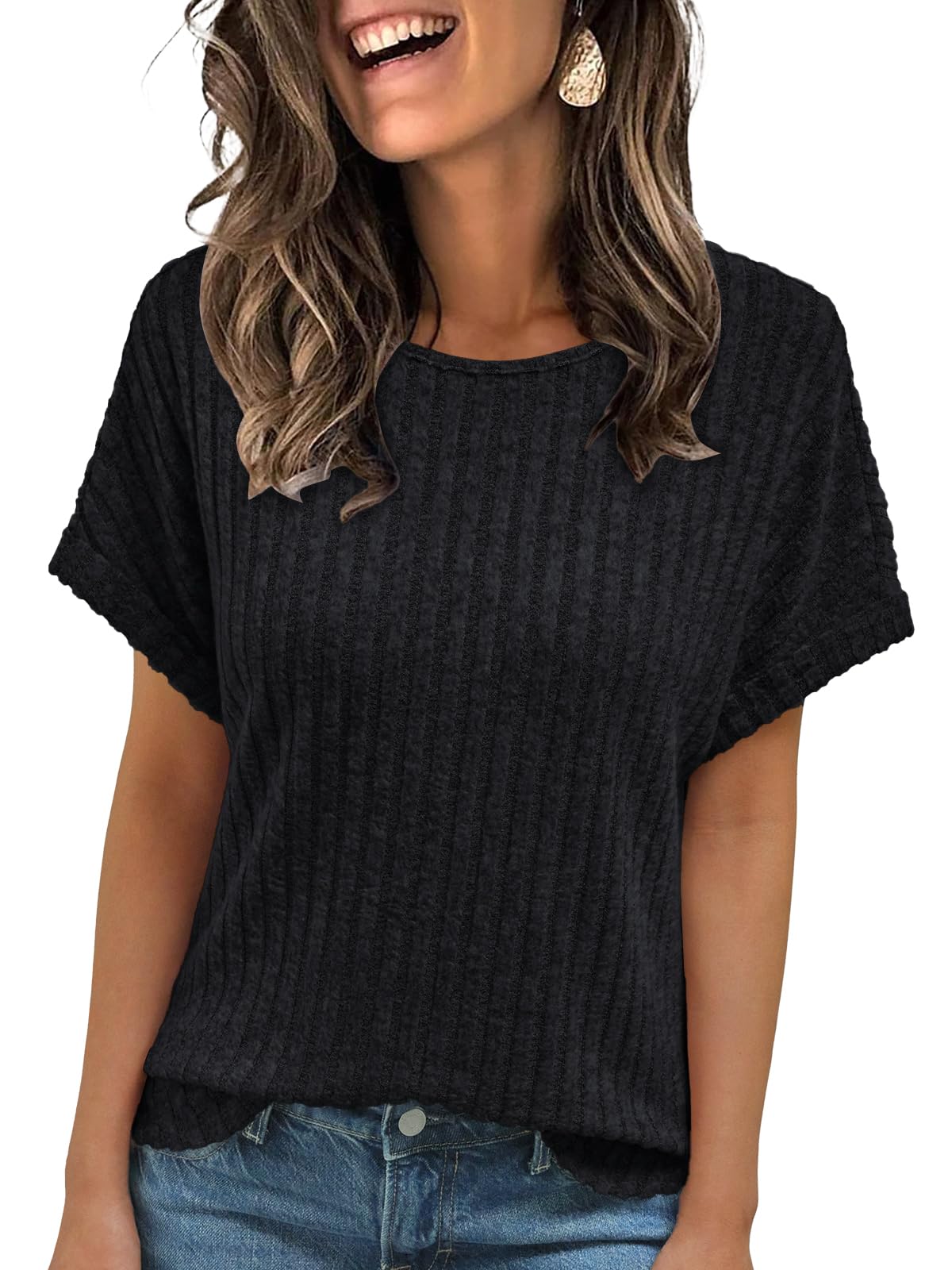 Photo 1 of AUTOMET Women Textured Shirts Fall Sweaters Loose Fit Short Sleeve Tunic Tops 2025 Dressy Casual Business Blouses Black XL