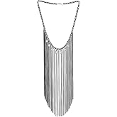COOLSTEELANDBEYOND Bohemian Silver Black Collar Necklace Multi-Layer Cubic Zirconia Chains Waterfall Tassel Pendant Bib