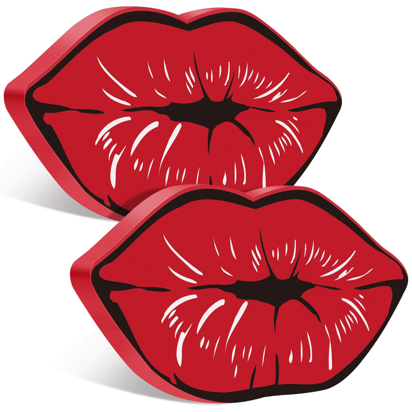 Photo 1 of 2 Pcs Valentine's Day Lips Decor, Kisses Sign Wood Block Valentine Table Decors Farmhouse Tiered Tray Decor for Wedding Anniversary Engagement Home Table Decoration, 6.3 x 3.5 x 0.47 Inch(Red)