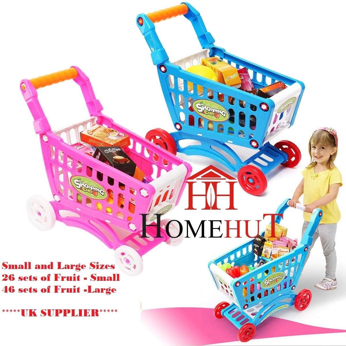 HOME HUT Kids Childrens Shopping Trolley cart Play Set Toy Gift Plastic Fruit (Pink, Small)