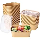 Belinlen 50 Sets 25oz Disposable Kraft Paper Bowls with Lids, Rectangle Paper Food Containers with Lids, Salad Bowls for Hot/Cold Food, Soup, Meal Prep, Ice Cream, Takeout, Party Supplies(750ml)