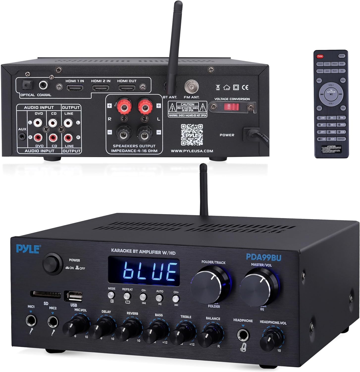 Pyle Dual Channel Bluetooth Hi-Fi Stereo Amplifier 300W, Mini Home Theatre Receiver Amp with MP3, USB, SD, AUX, RCA, MIC, FM, Reverb, Delay, Wireless Bluetooth Audio System