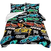 Hosima Child's Cartoon Sports Car 3Piece Set with 2 Pillowcases, Racing Car Bedding for Boys and Girls, Fast and Furious Extreme Sport Games Comforter, Black Comforter Full Size