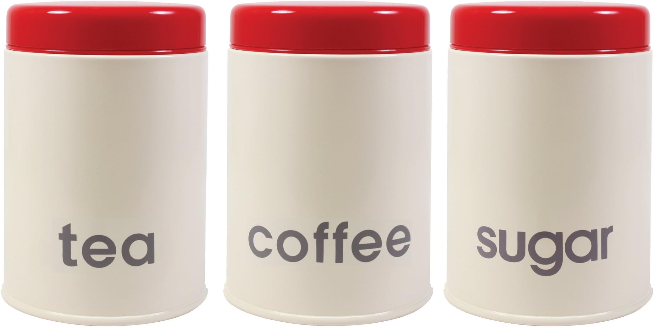 Everyday Kitchen Canister Set with Red Lid includes 1 x Coffee, Tea and Sugar Canister, 3-Piece, Cream