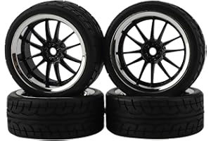 Shaluoman 1/10 RC Tires and Wheels Set, 12mm Hex Hub Wheel Rims RC Tires (65mm Diameter), 12-Spoke Plating Soft Rubber Tires for 1:10 On Road Touring Car Black
