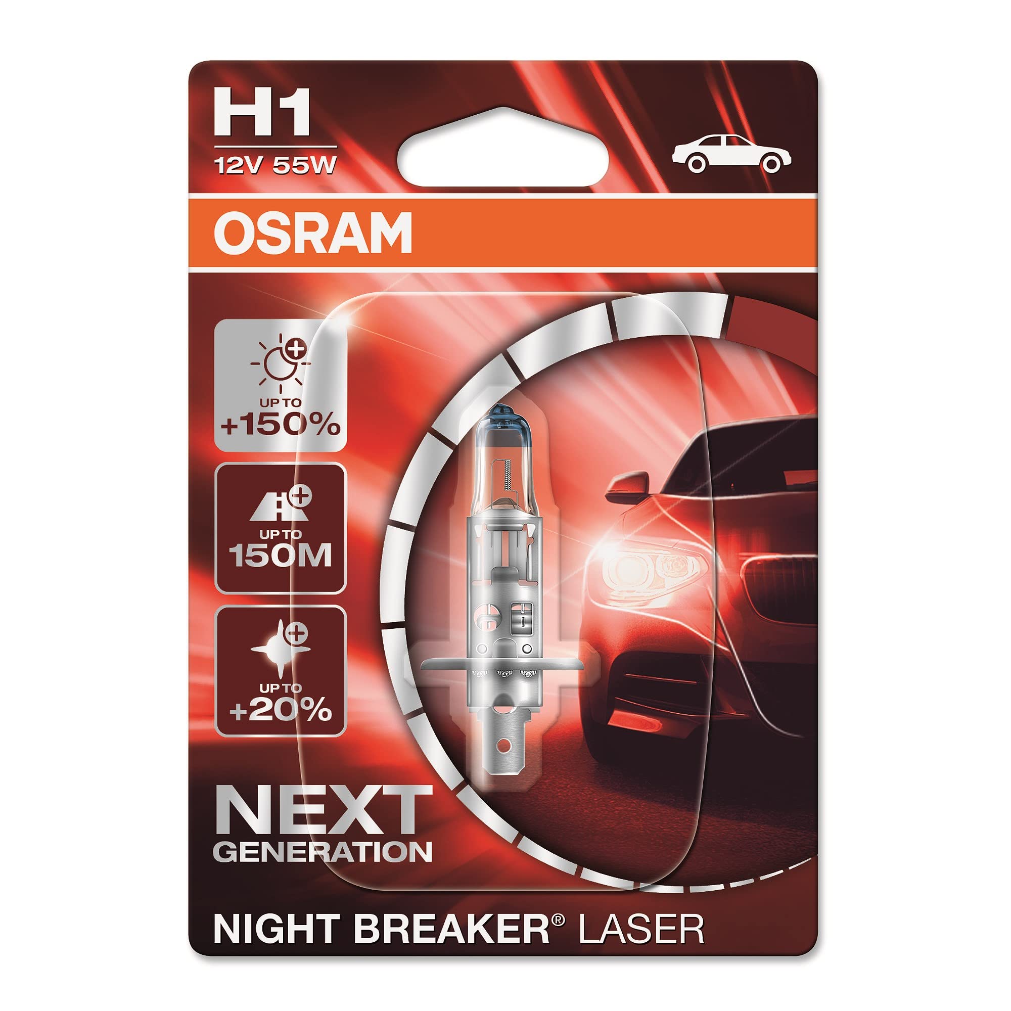 OSRAM NIGHT BREAKER LASER H1, +150% more brightness, halogen headlight lamp, 64150NL-01B, 12V, blister (1 lamp)