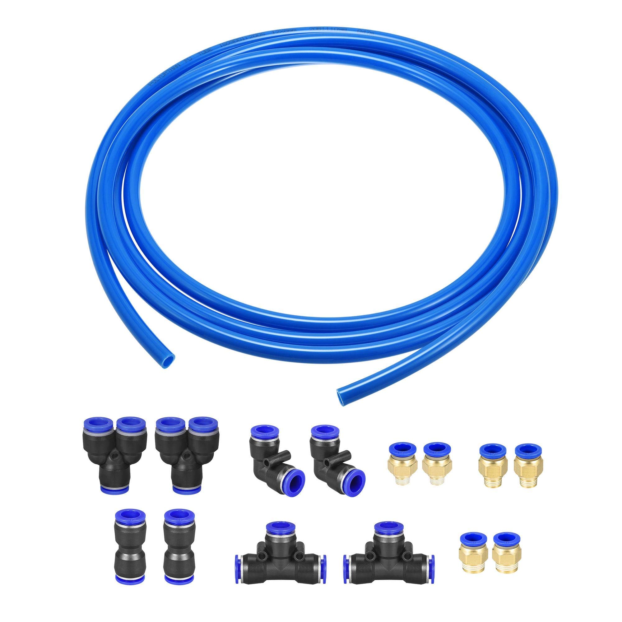 sourcing map Pneumatic Air Hose Tubing PU Air Compressor Tube 8mmID x 12mmOD x 10m Pipe Blue with 7 Type Connect Fittings