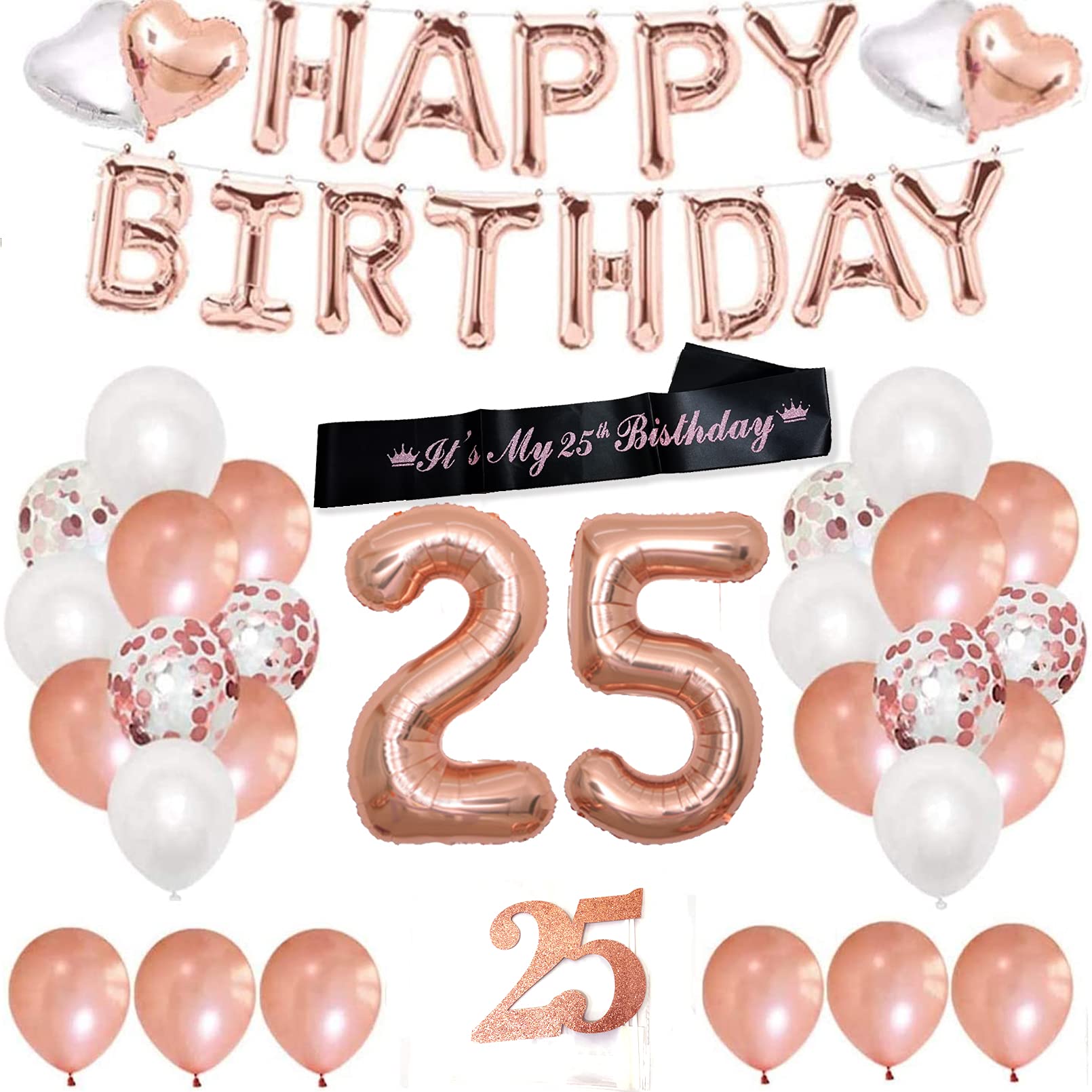 Finypa 25th Birthday Decorations for Women - 25th Happy Birthday Decoration Gold Rose with Sash, Number 25 Foil Balloon, Happy Birthday Banner, Happy 25th Birthday Cake Topper