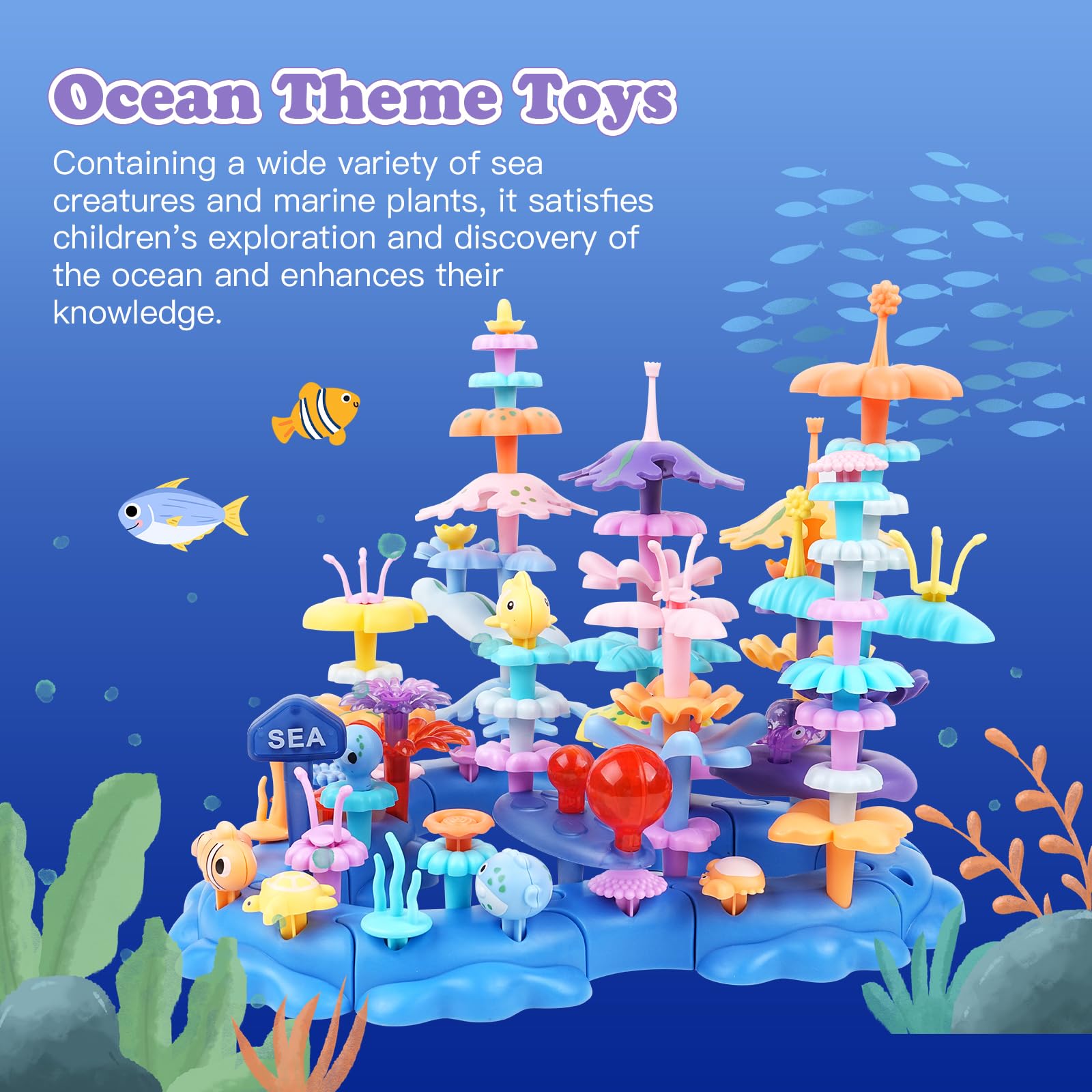 Wulumu 96PCS Ocean Adventures DIY Building Stacking Toys Set,Educational STEM Toy Gift for Kids with Organiser Box,Fun Cognitive Learning Toys for Girls/Boys,Toddler Beach Toy