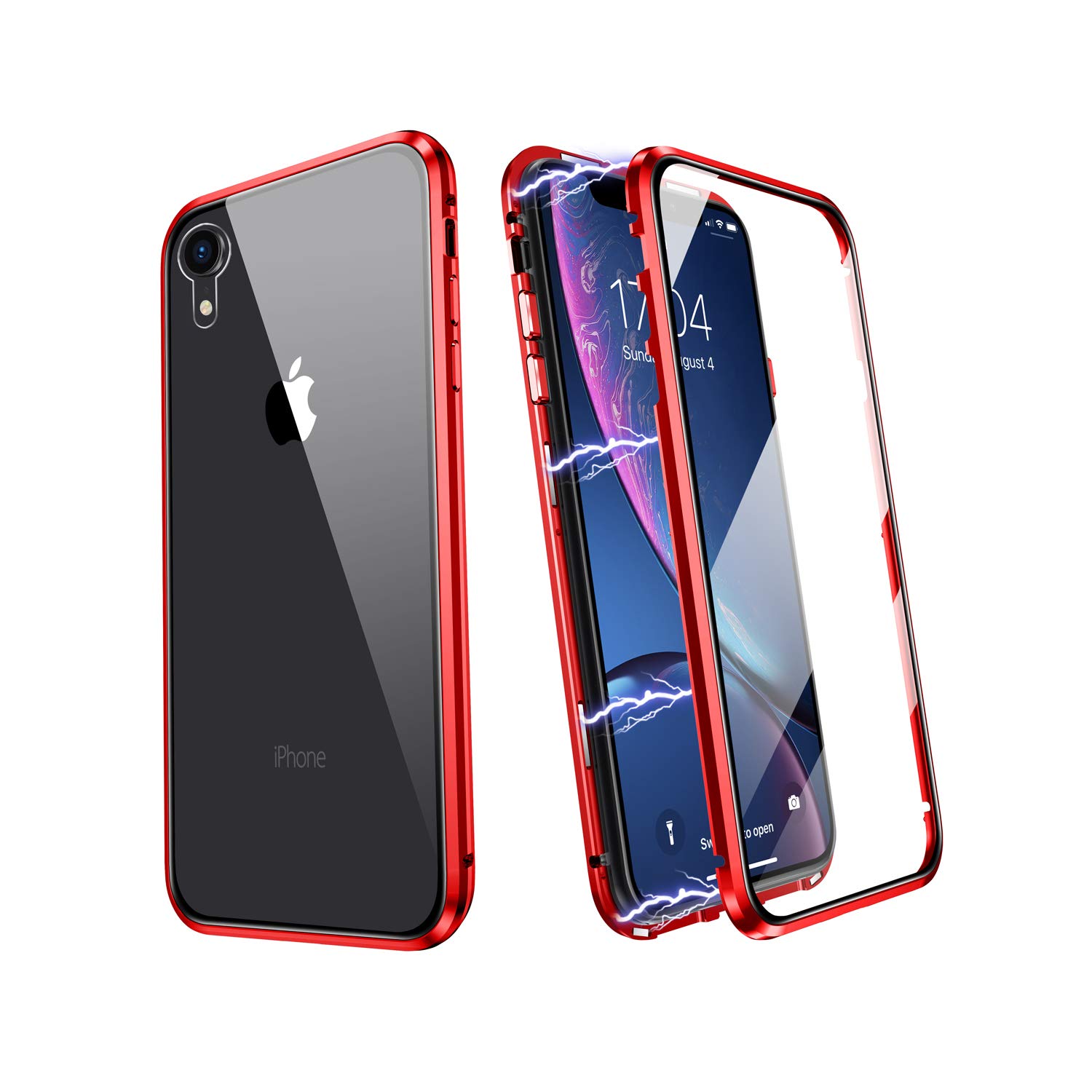 iPhone XR Magnetic Case, JSTBOX Magnetic Adsorption Case 360 Full Body Case for iPhone XR Metal Frame Bumper Magnetic Cover Front and Back 9H Tempered Glass-Red