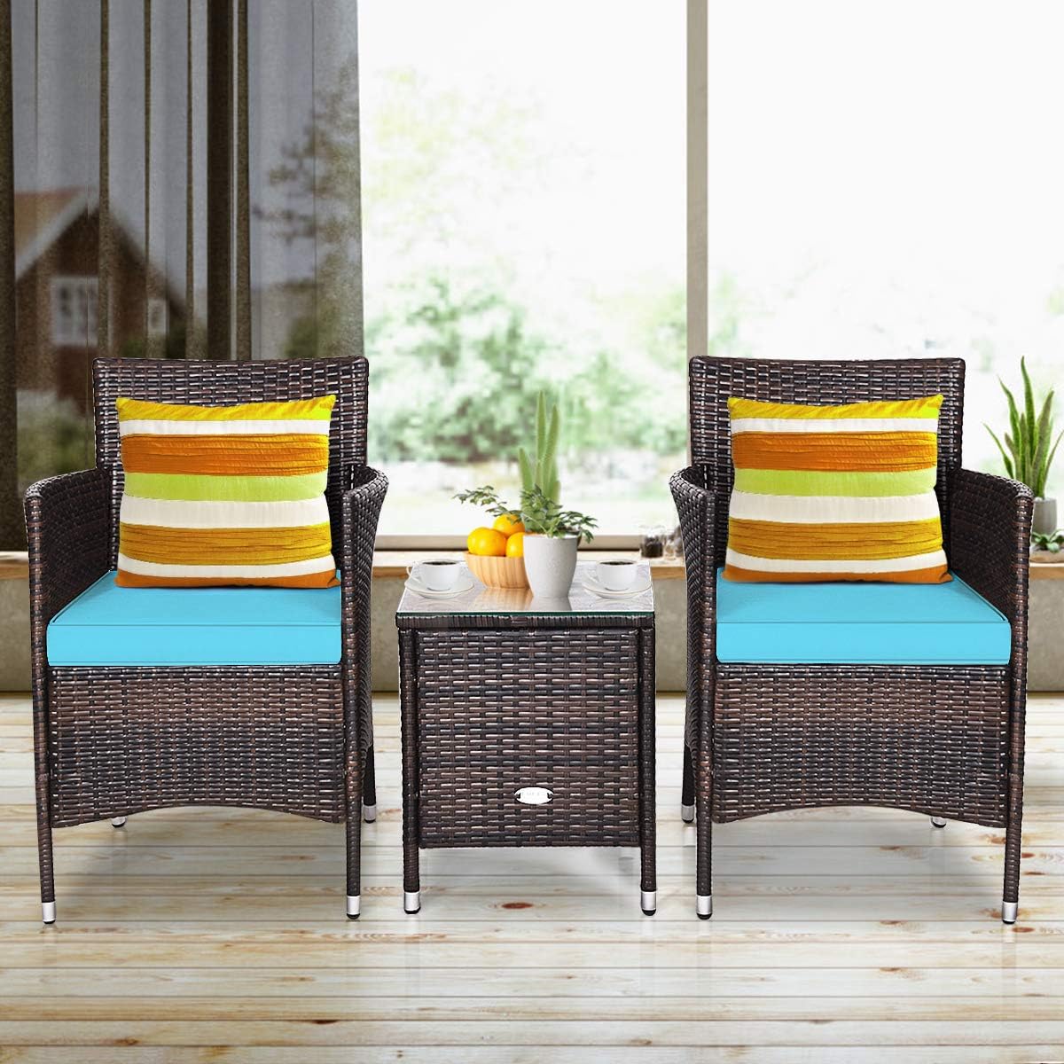 Tangkula Patio Furniture Set 3 Piece, Outdoor Wicker Rattan Conversation Set with Coffee Table, Chairs & Thick Cushions, Suitable for Patio Garden Lawn Backyard Pool: Garden & Outdoor