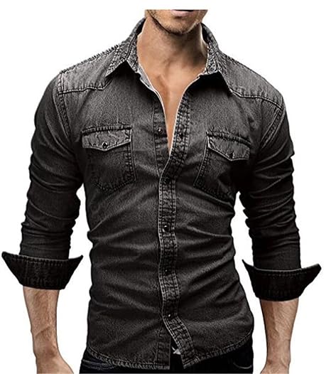 ED express Men's Casual Slim Fit Button Down Dress Shirt Long Sleeve Denim Work Shirts with Pocket(Black Large)