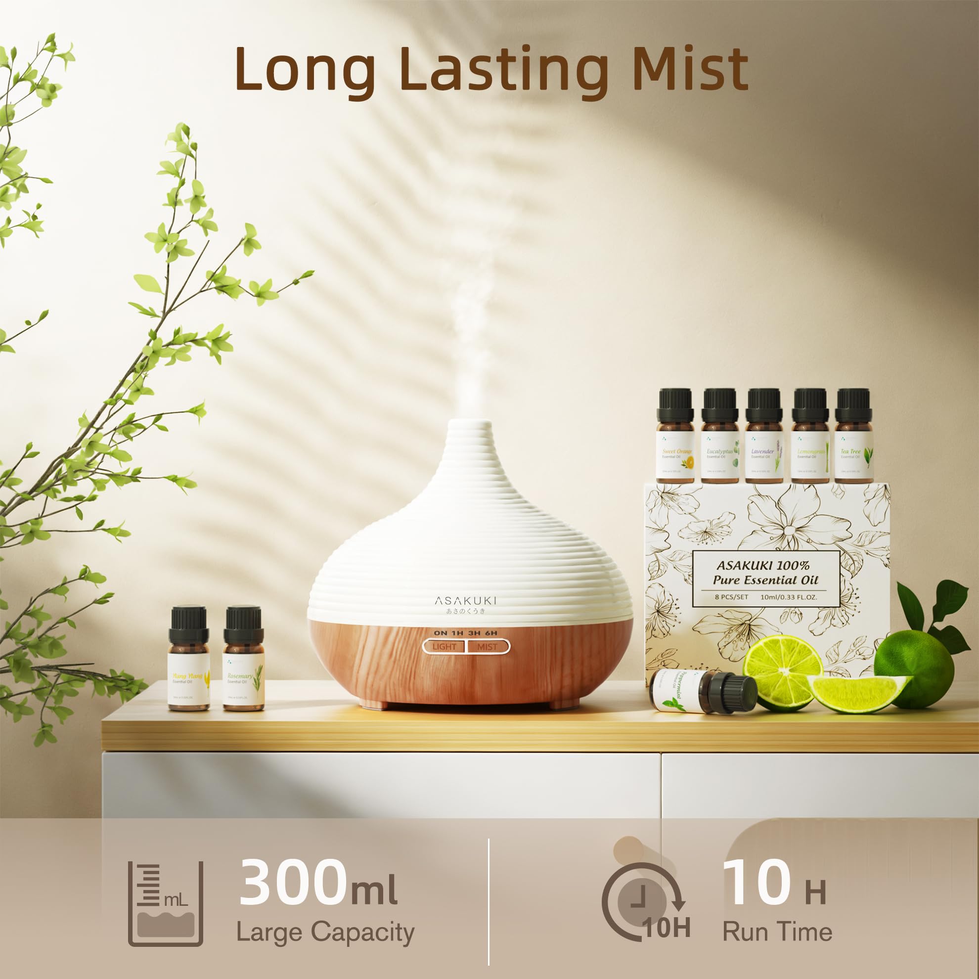 ASAKUKI 300ml Essential Oil Diffuser, Wood Grain Ultrasonic Aromatherapy Diffuser, Quiet Diffuser with 4 Timers, Auto Shut-Off & Colour-Changing LED for Home, Office, Yoga | Relaxation & Better Sleep