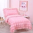 Cloele 4 Pieces Toddler Bedding Set for Girls - Solid Seersucker Toddler Sheet Set with Ruffle Fringe Includes Quilt Fitted Sheet Flat Sheet Pillowcase - Girls Pink Toddler Comforter & Sheet Set