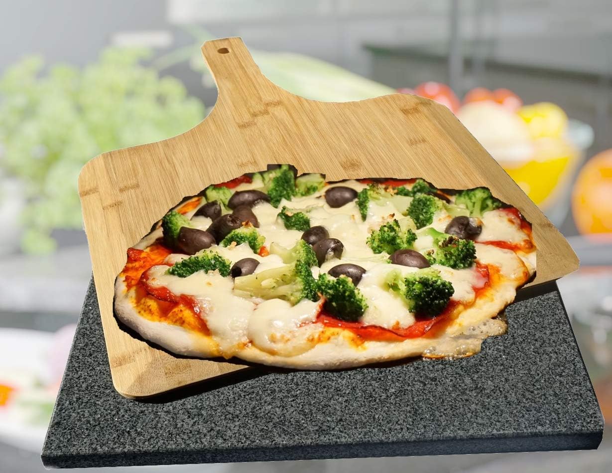 XXL Granite Pizza Pizza Stone Set with Bamboo Pizza Peel + 2 kg Pizza