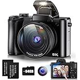 5K Digital Camera 64MP Cameras for Photography, 5X Optical Zoom Compact Travel Camera Front and Rear Dual Cameras Vlogging Camera for YouTube with 3.2" IPS Touchscreen, 64G TF Card, 2 Batteries