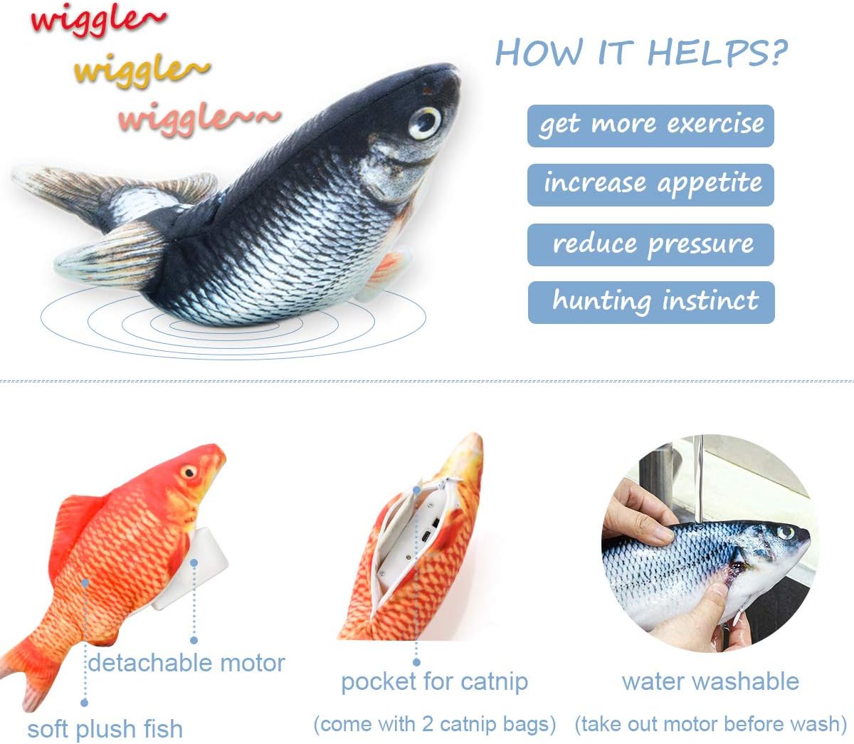 LECHONG Catnip Moving Fish Cat Toys for Indoor Cats, 2pack Interactive Cat Kicker Toy Rechargeable Wagging Fish Toys for Cats Kitten Fun Cat Toys for Biting Chewing and Kicking… : Pet Supplies