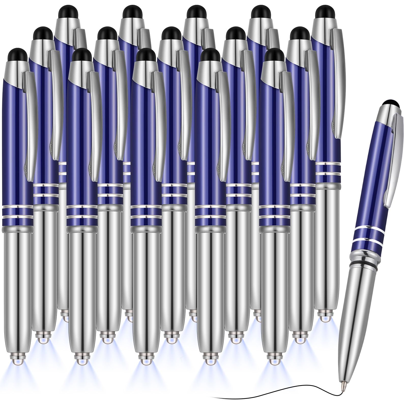 Photo 1 of Zonon 15 Pieces LED Ballpoint Pen with Stylus Tip, Multi-function Capacitive Pen with LED Flashlight, 1.0 mm Black Ink Metal Ballpoint for Touch Screens, 3 in 1 Stylus(Blue)