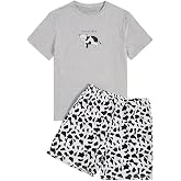 WDIRARA Men's 2 Pieces Sleepwear Cartoon Cow Print Short Sleeve Top and Shorts Pajama Set Loungewear