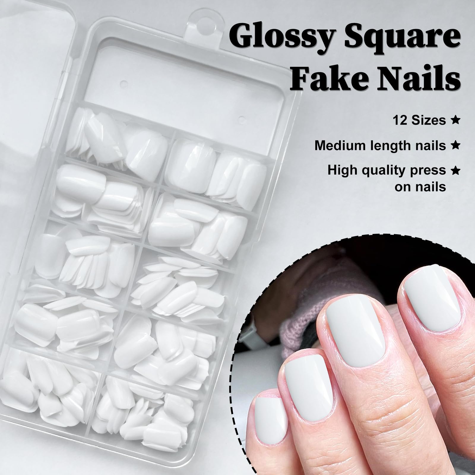 LuckForever Short Press on Nails 240pc Glossy White Press on Nails Short Square Round Fake Nails Full Cover 10 Sheets Nail Adhesive Tabs,Small Wooden Sticks and Nail Files False Nails for Women - Image 4