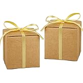 Hooqict 100 Pack Brown Kraft Gift Boxes for Party Favors 2x2x2 inches Mini Cardboard Boxes with Lids and Ribbons Candy Treat Boxes for Gift Wrapping Wedding Favor Bridal Shower Birthday Christmas
