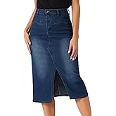 Allegra K Denim Skirt for Women's High Waist Slit Front Washed Jean Midi Skirts with Pockets