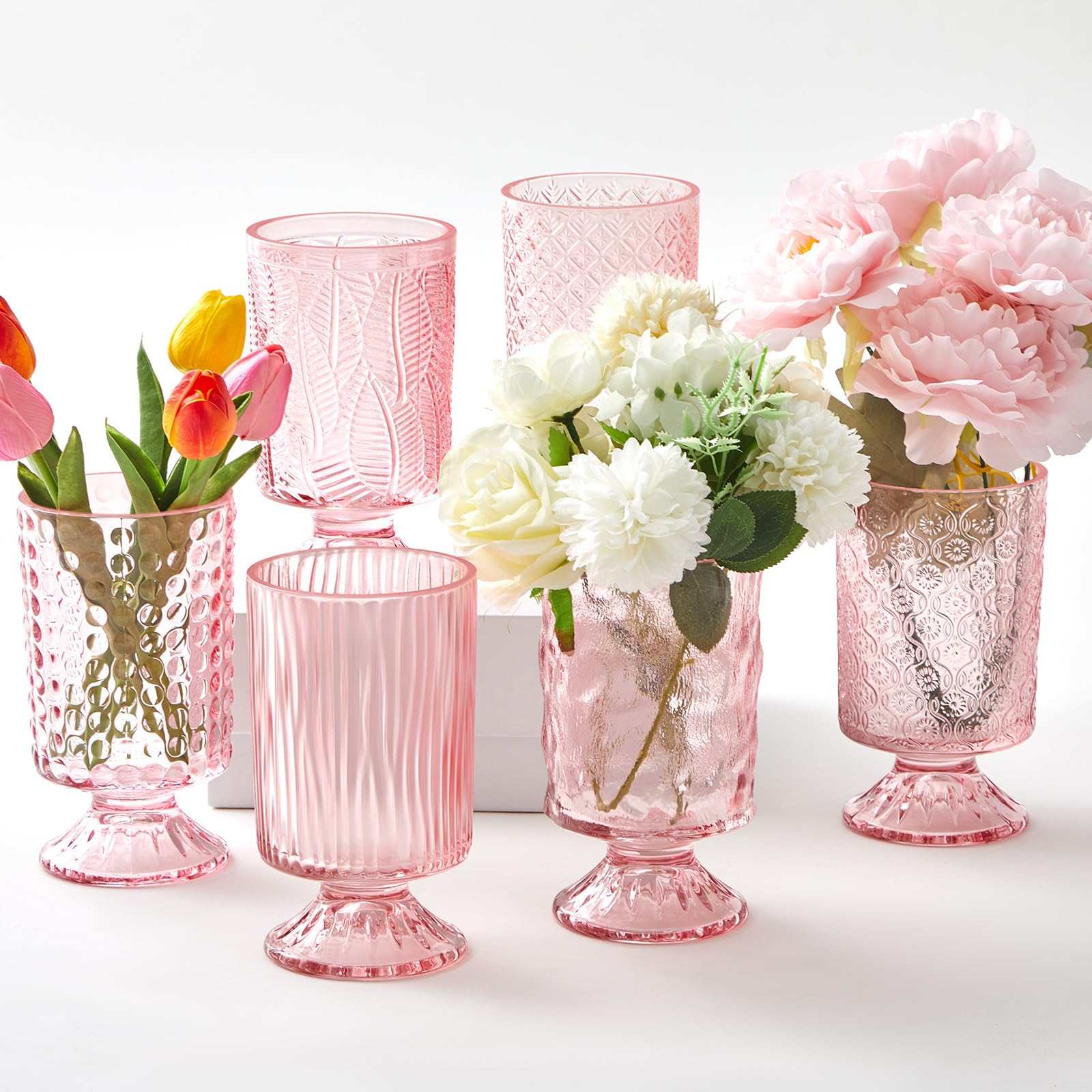 Photo 1 of Ninehaoou 6 Pcs (H:7 Inch W:4 Inch) Embossed Flower Vase Pedestal Glass Vases for Flowers Big Base Bottle Crystal Vintage Thickened Container Bulk for Wedding Decoration Table Centerpiece Decor(Pink)